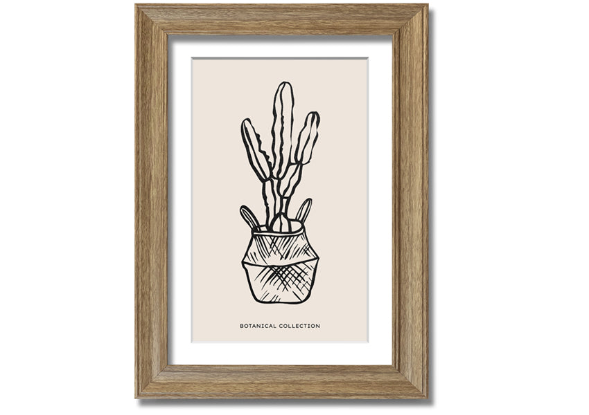 A beautifully framed print of a cactus in a pot, showcasing vibrant colors and intricate details, ready to hang on the wall.