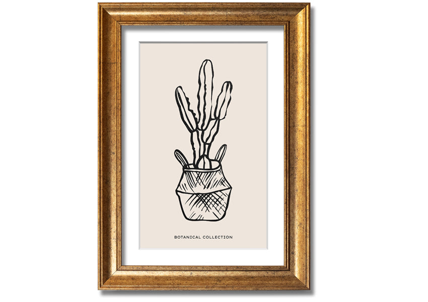 A beautifully framed print of a cactus in a pot, showcasing vibrant colors and intricate details, ready to hang on the wall.