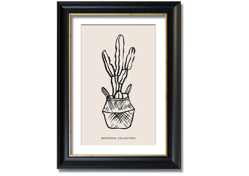 A beautifully framed print of a cactus in a pot, showcasing vibrant colors and intricate details, ready to hang on the wall.