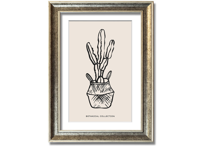 A beautifully framed print of a cactus in a pot, showcasing vibrant colors and intricate details, ready to hang on the wall.