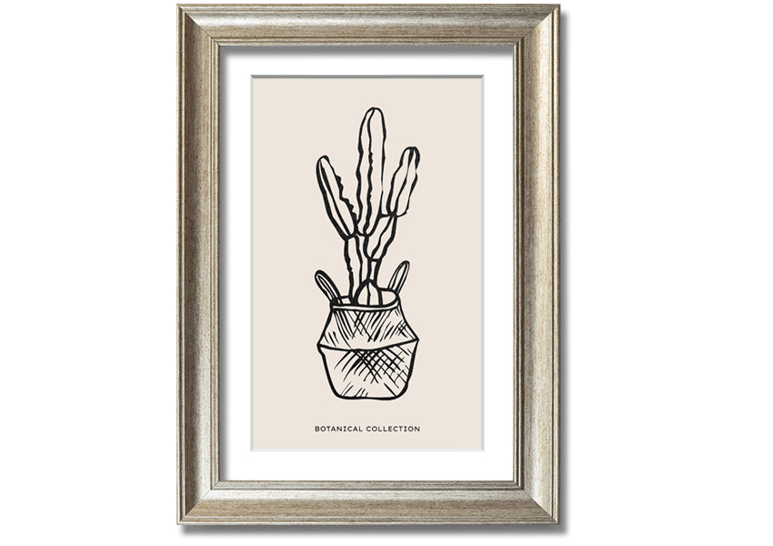 A beautifully framed print of a cactus in a pot, showcasing vibrant colors and intricate details, ready to hang on the wall.