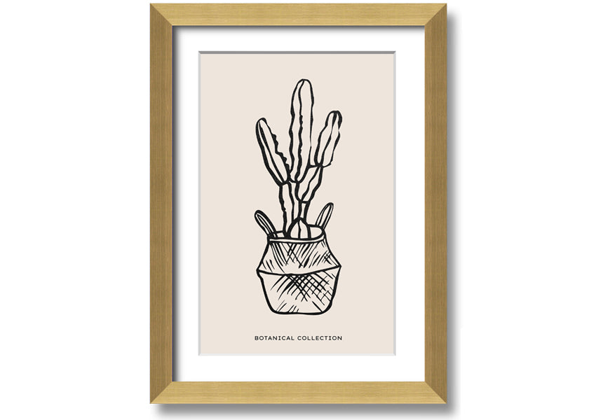 A beautifully framed print of a cactus in a pot, showcasing vibrant colors and intricate details, ready to hang on the wall.