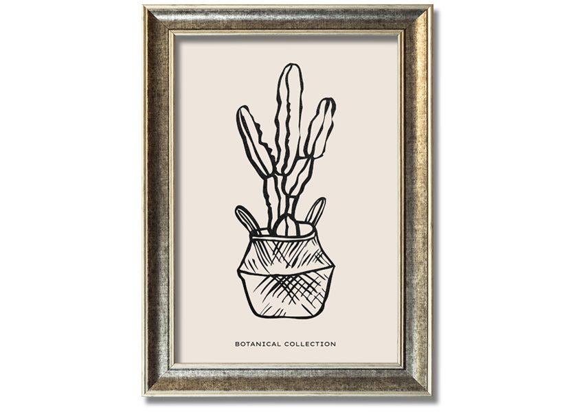 A beautifully framed print of a cactus in a pot, showcasing vibrant colors and intricate details, ready to hang on the wall.