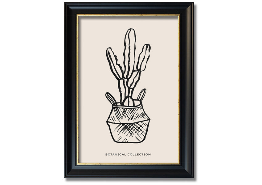 A beautifully framed print of a cactus in a pot, showcasing vibrant colors and intricate details, ready to hang on the wall.