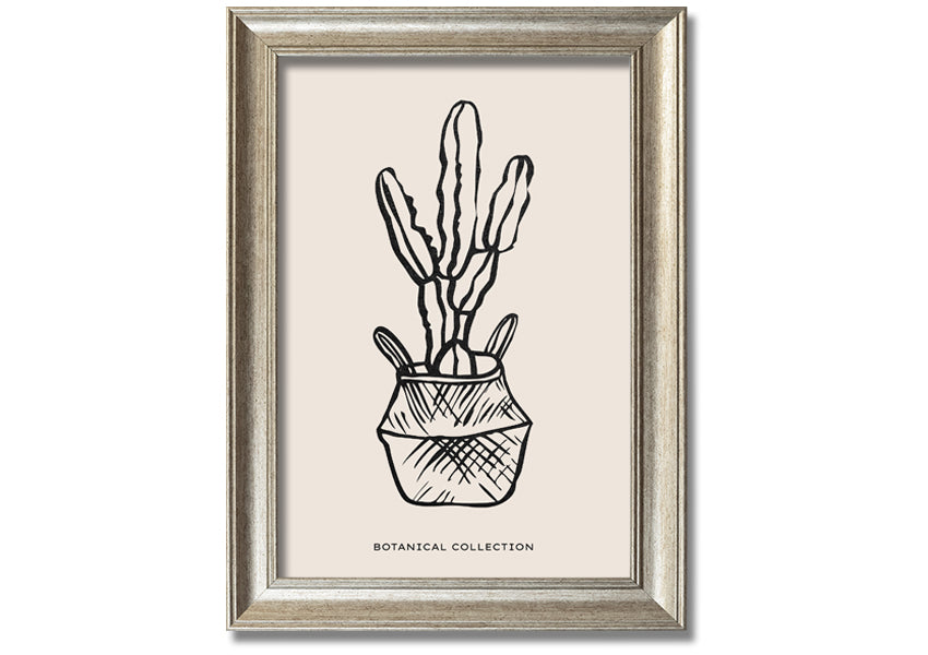 A beautifully framed print of a cactus in a pot, showcasing vibrant colors and intricate details, ready to hang on the wall.