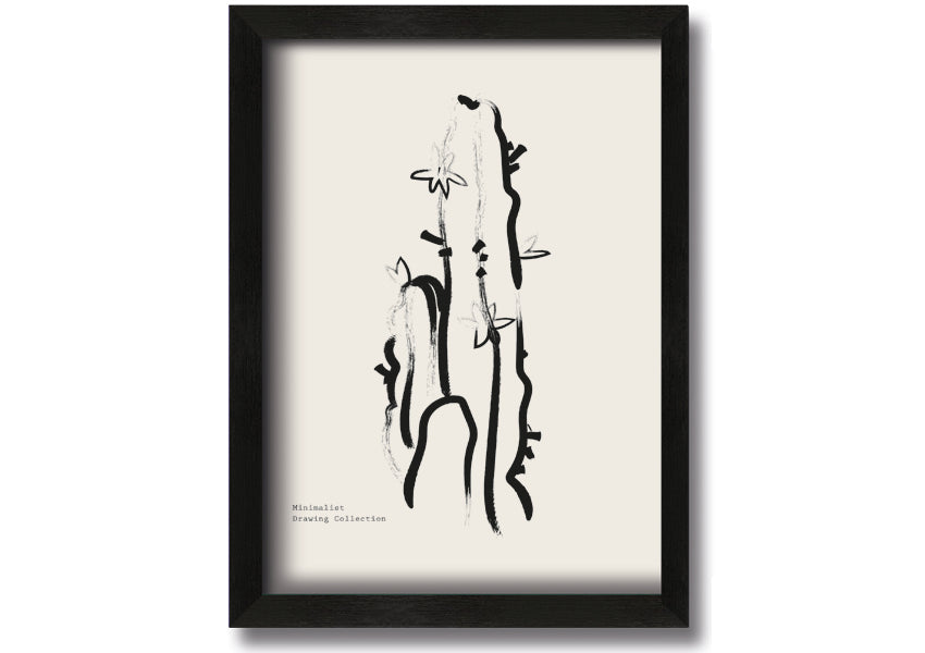 Framed Cactus Lines print showcasing a unique cactus design, available in various frame colors, ready to hang.