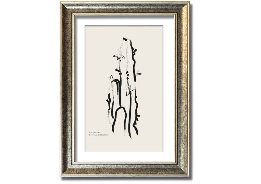 Framed Cactus Lines print showcasing a unique cactus design, available in various frame colors, ready to hang.