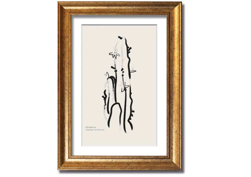 Framed Cactus Lines print showcasing a unique cactus design, available in various frame colors, ready to hang.