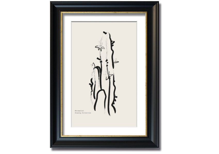 Framed Cactus Lines print showcasing a unique cactus design, available in various frame colors, ready to hang.