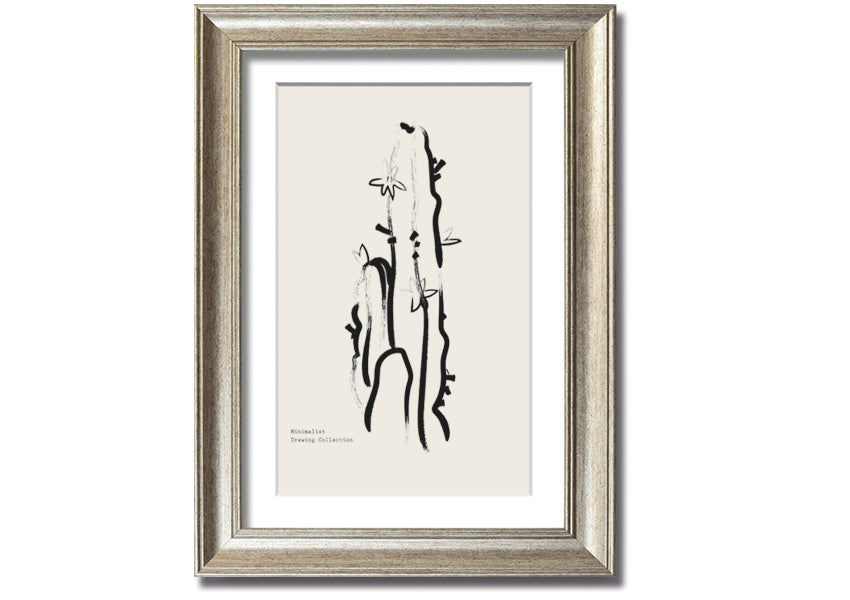 Framed Cactus Lines print showcasing a unique cactus design, available in various frame colors, ready to hang.