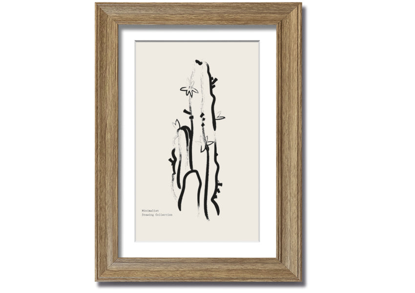 Framed Cactus Lines print showcasing a unique cactus design, available in various frame colors, ready to hang.