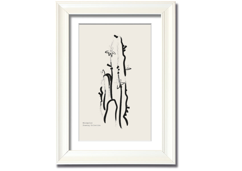 Framed Cactus Lines print showcasing a unique cactus design, available in various frame colors, ready to hang.