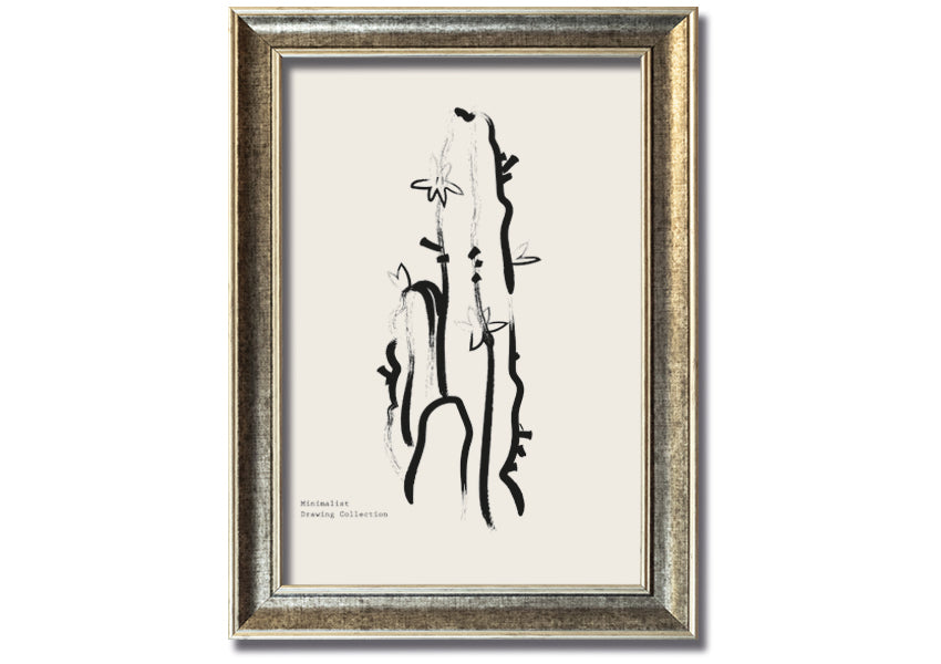 Framed Cactus Lines print showcasing a unique cactus design, available in various frame colors, ready to hang.