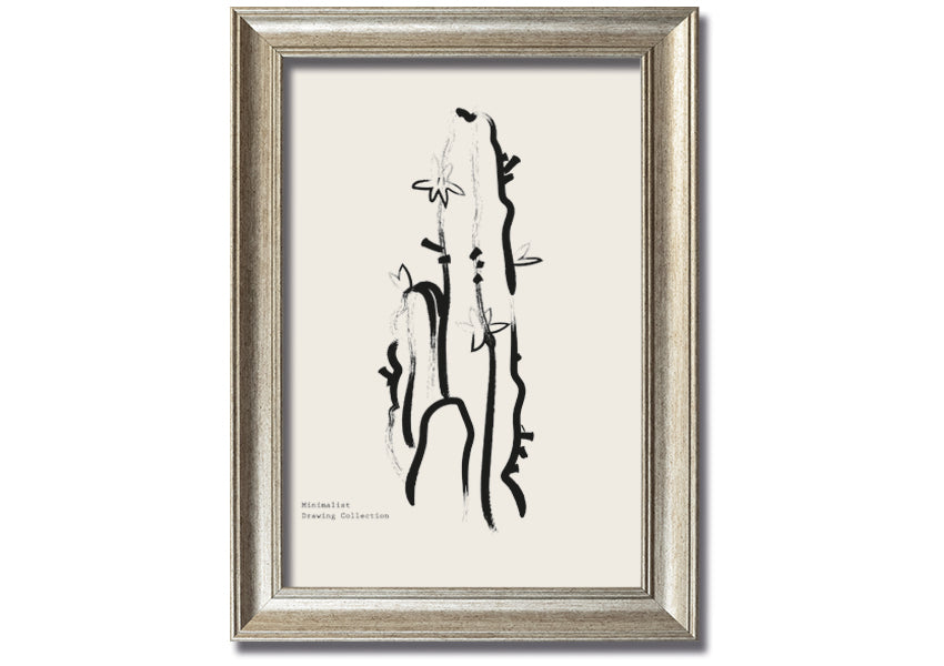 Framed Cactus Lines print showcasing a unique cactus design, available in various frame colors, ready to hang.