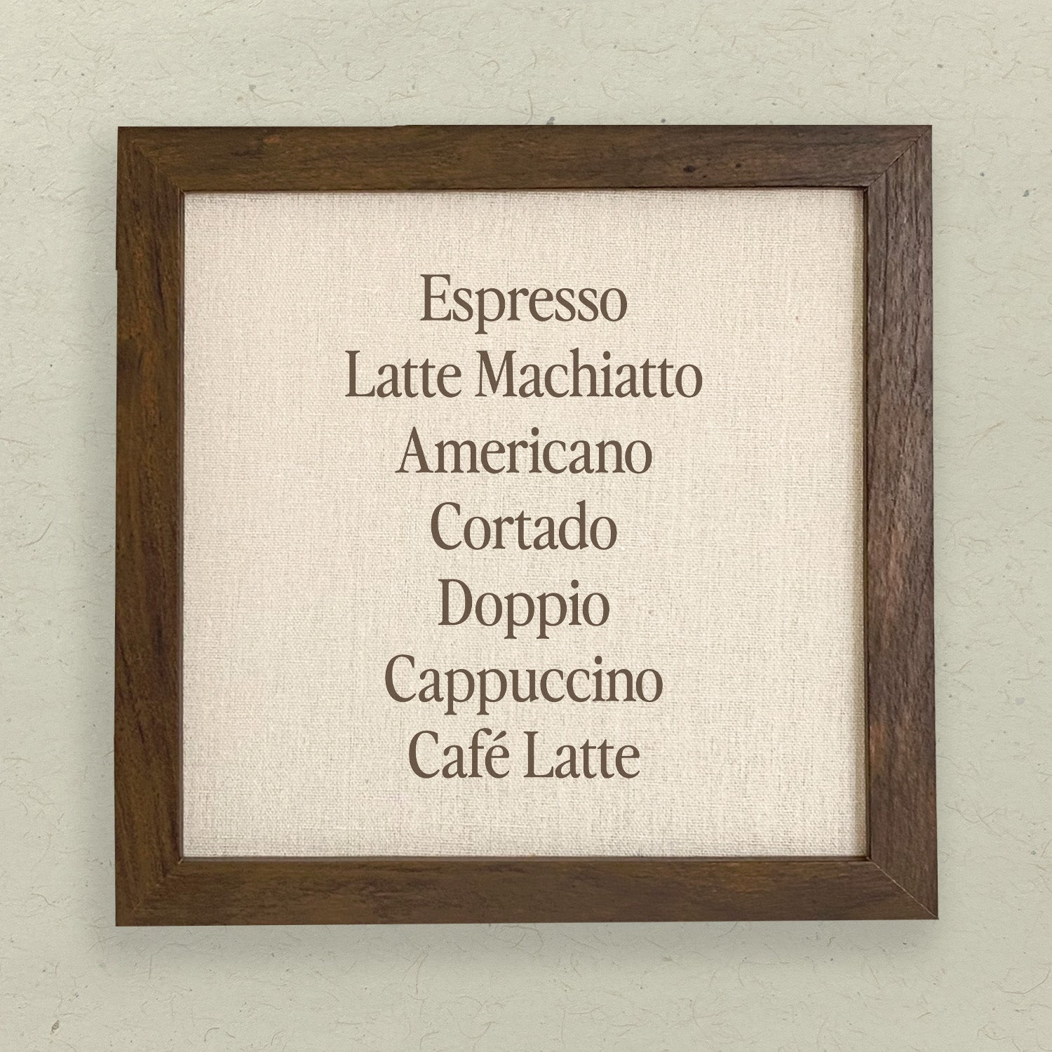 Cafe Drinks framed sign with a wood frame, eco-friendly inks, and a linen-look background, perfect for home or café decor.