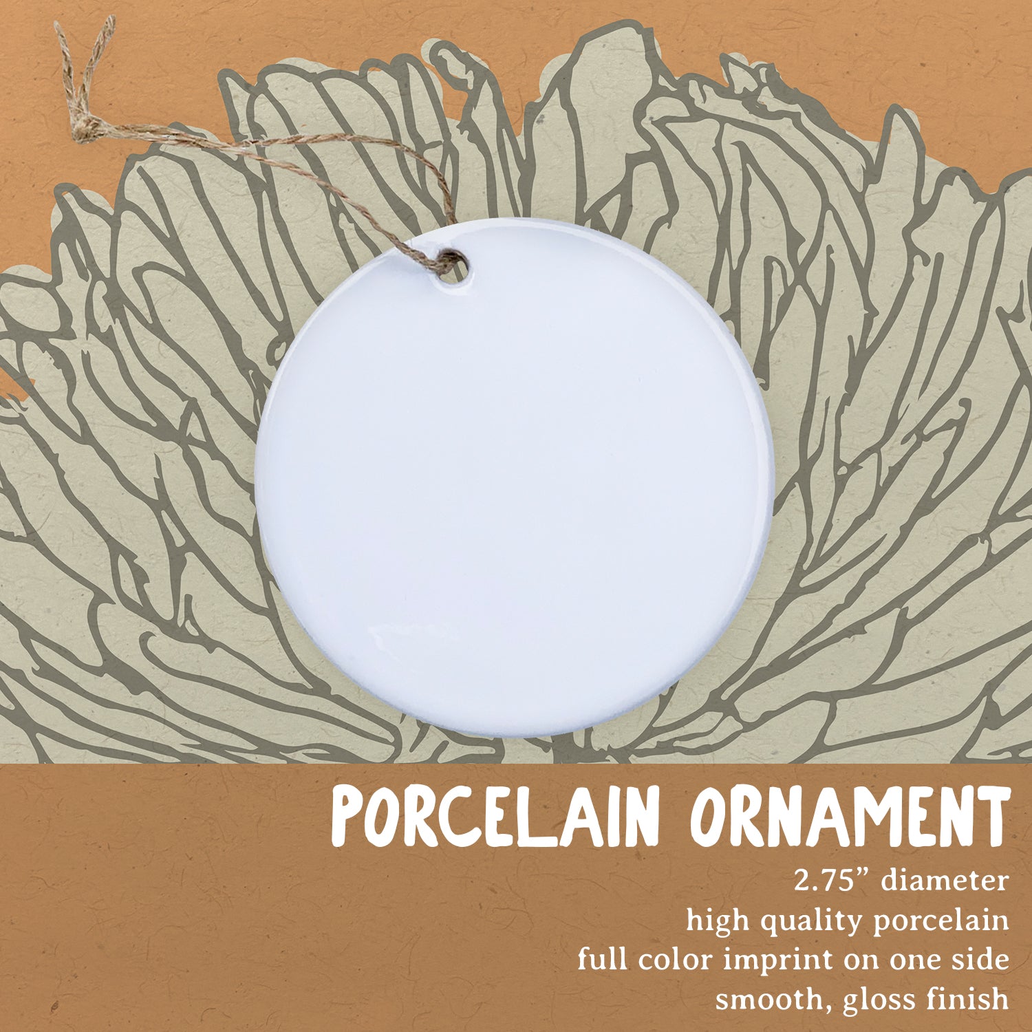 A beautifully crafted porcelain ornament featuring original designs, perfect for gifting or as a decorative tag.