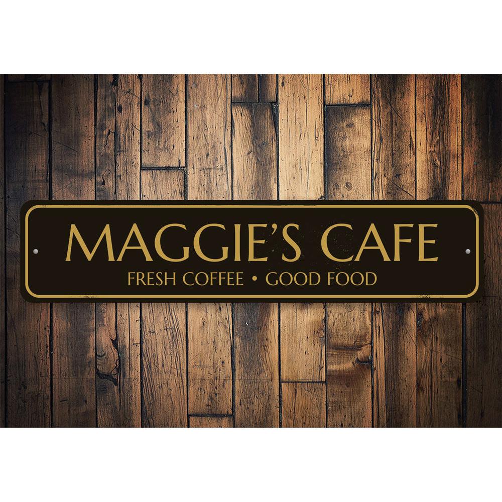 Customizable aluminum cafe sign with pre-drilled holes for easy mounting, showcasing a vibrant design suitable for restaurants and cafes.