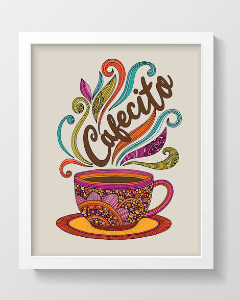 Colorful Cafecito coffee mug with swirly details and artistic design, featuring the word 'Cafecito'.