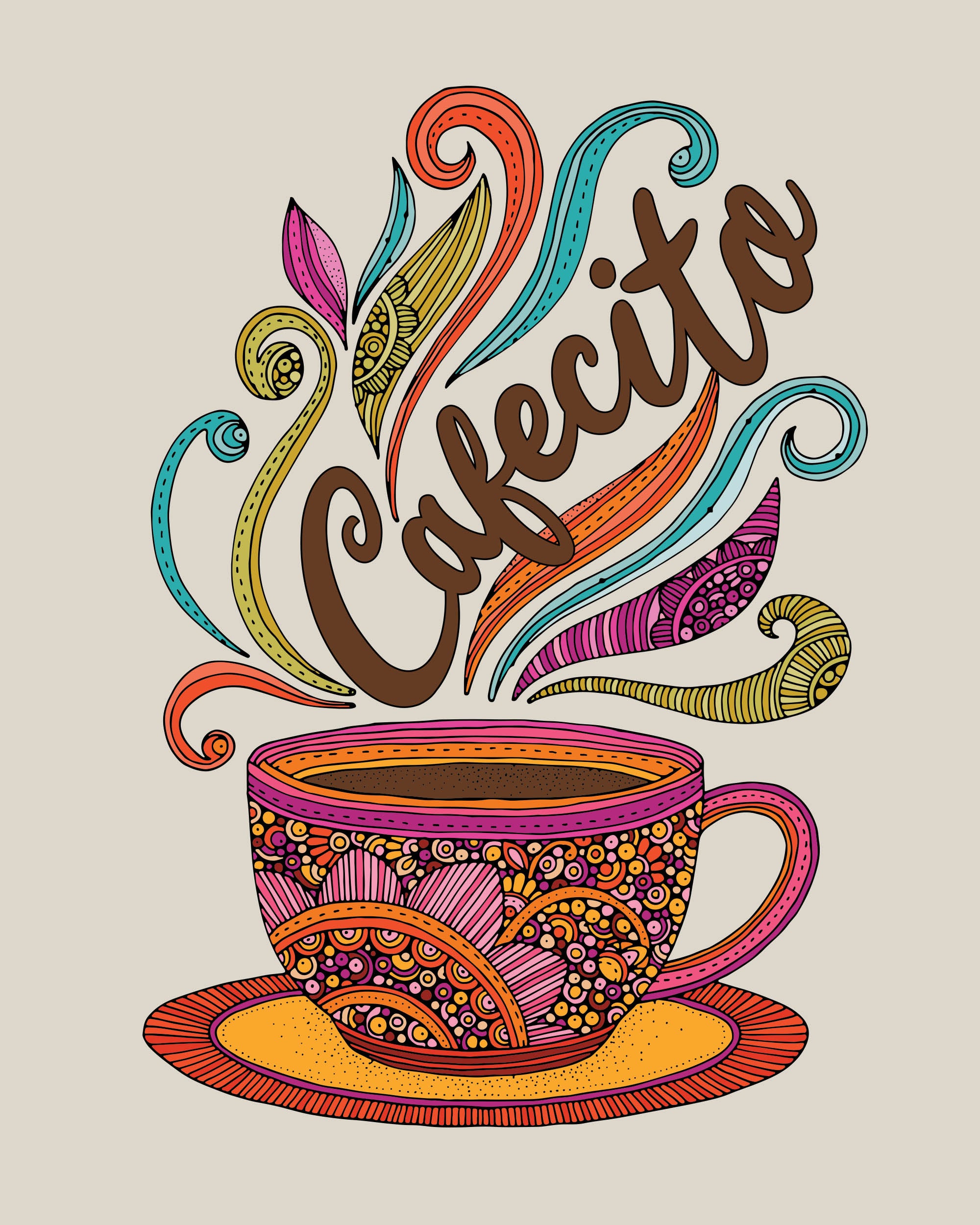 Colorful Cafecito coffee mug with swirly details and artistic design, featuring the word 'Cafecito'.