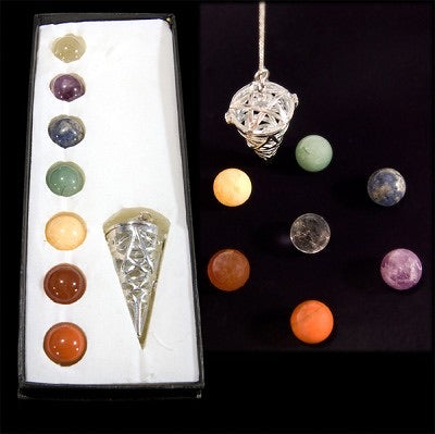 Cage Cone Chakra Pendulum with seven colorful gemstone spheres, beautifully designed for spiritual guidance.