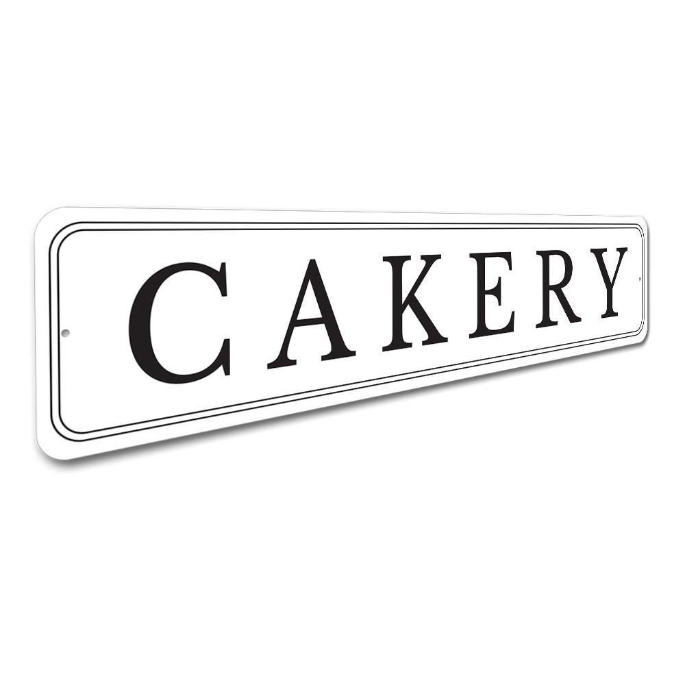 Customizable Cakery Sign made from high-quality aluminum, featuring pre-drilled holes for easy mounting.