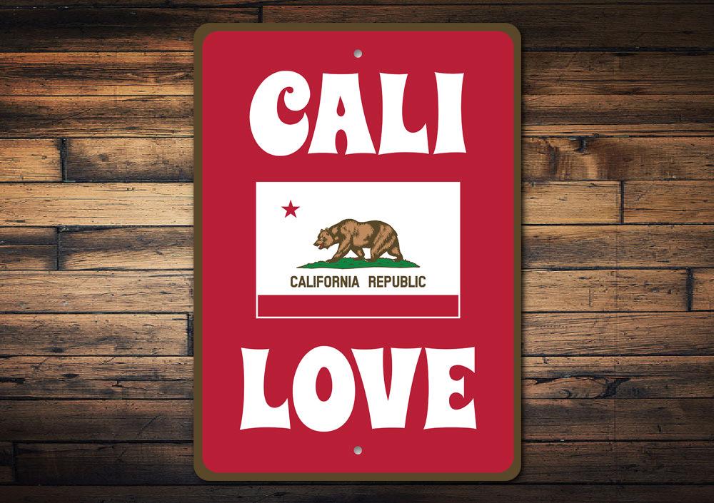 Cali Love Sign made of high-quality aluminum, featuring customizable text and vibrant colors, perfect for home decor.