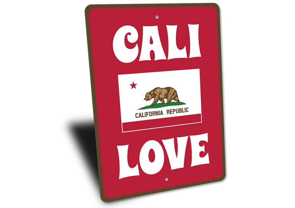 Cali Love Sign made of high-quality aluminum, featuring customizable text and vibrant colors, perfect for home decor.