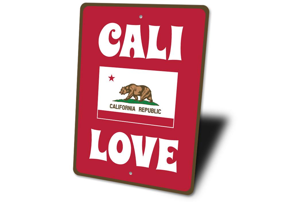 Cali Love Sign made of high-quality aluminum, featuring customizable text and vibrant colors, perfect for home decor.