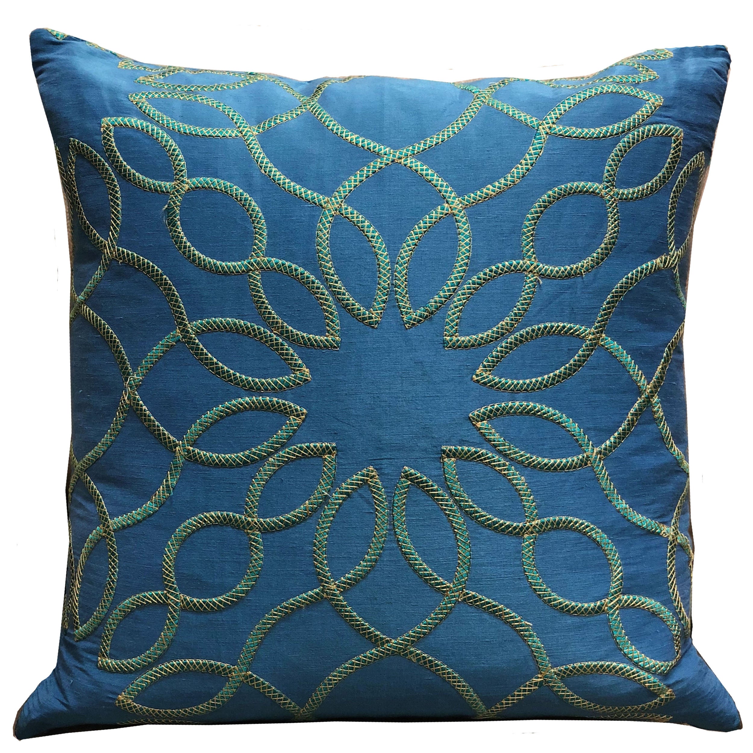 Calico Island Blue and Green Geometric Luxury Throw Pillow showcasing a vibrant geometric pattern in blue and green, made from a luxurious fabric blend.