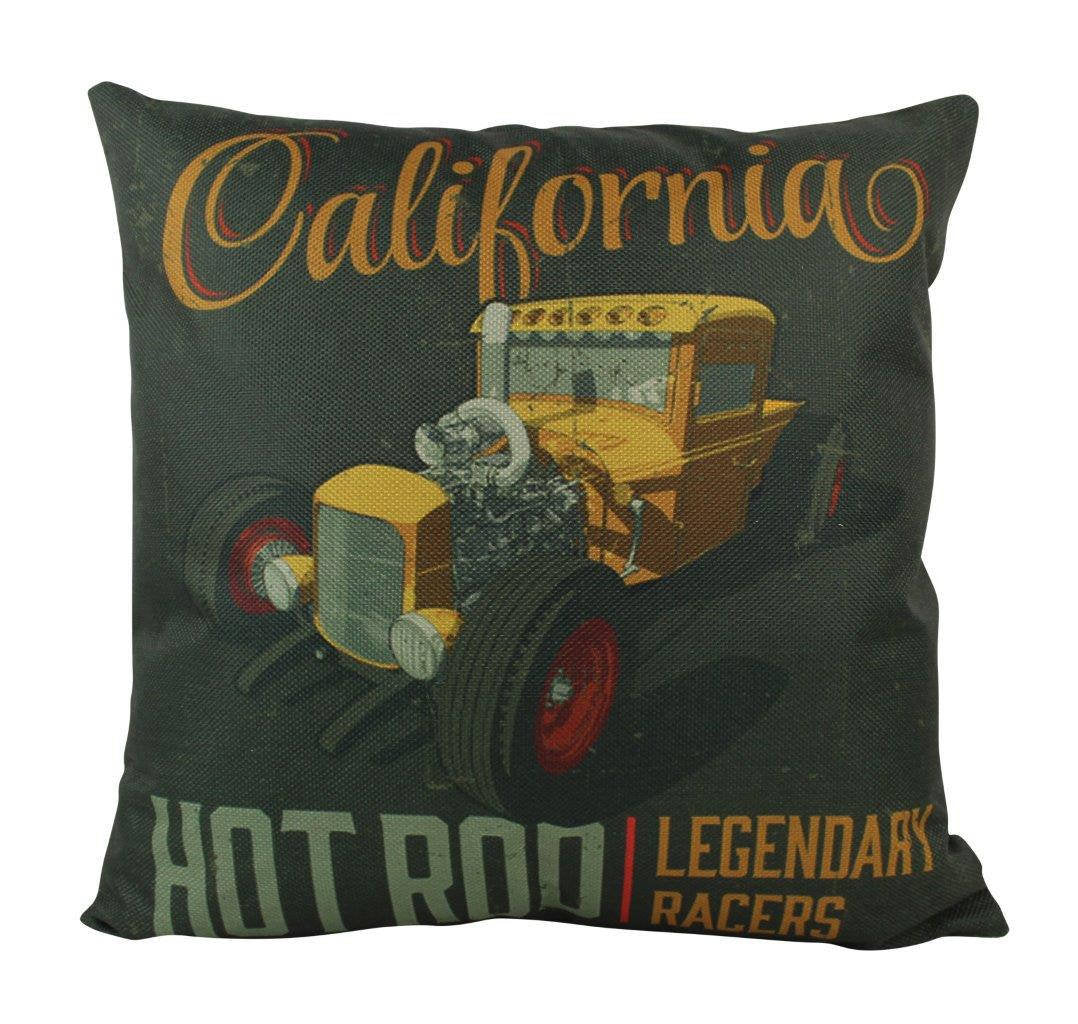 California Hot Rod pillow cover featuring a vintage racing design, handmade in America, with a beige back and concealed zipper.