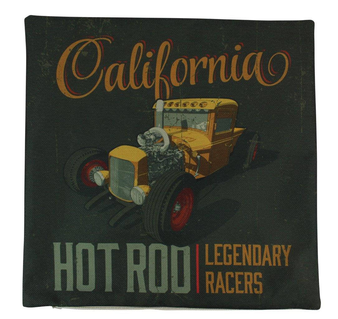 California Hot Rod pillow cover featuring a vintage racing design, handmade in America, with a beige back and concealed zipper.