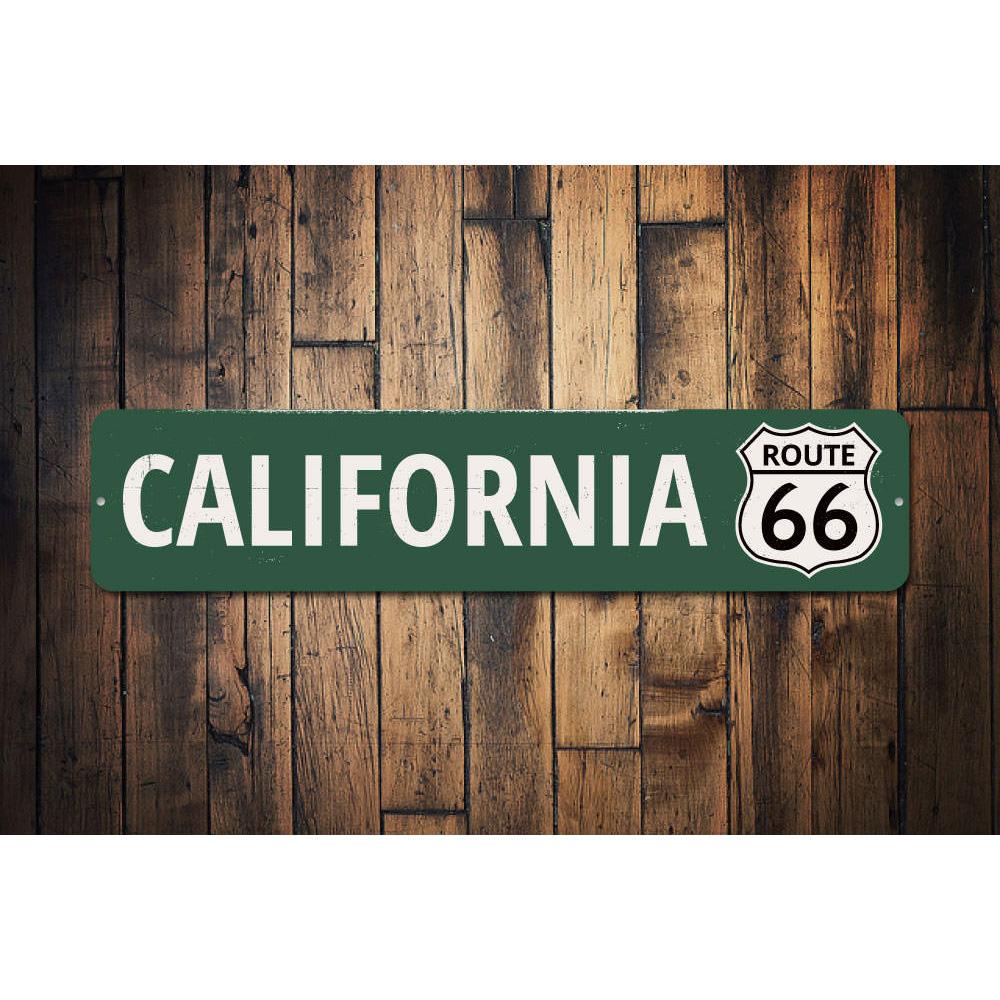 California Route 66 Sign made of high-quality aluminum, featuring iconic Route 66 design, perfect for home decor.