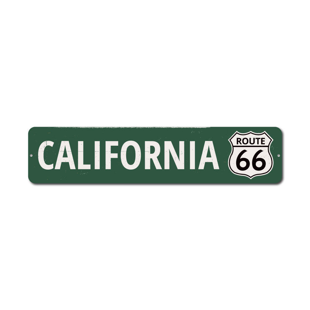 California Route 66 Sign made of high-quality aluminum, featuring iconic Route 66 design, perfect for home decor.