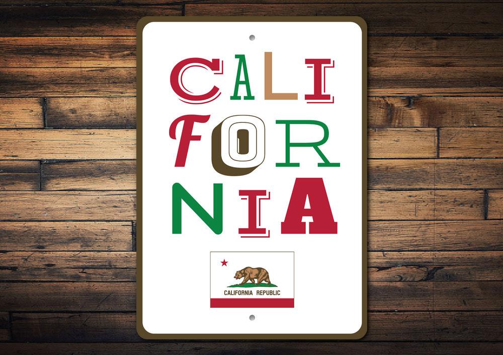 A customizable California sign made of high-quality aluminum, featuring vibrant colors and a sleek design, perfect for home decor.