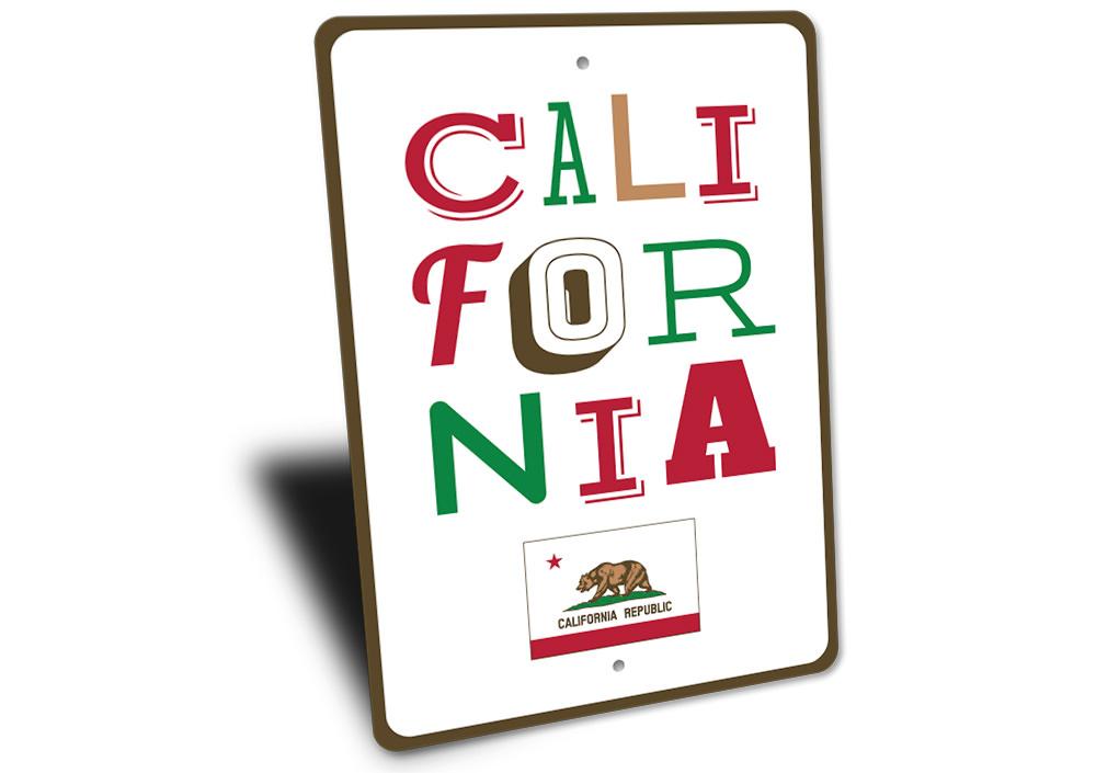 A customizable California sign made of high-quality aluminum, featuring vibrant colors and a sleek design, perfect for home decor.