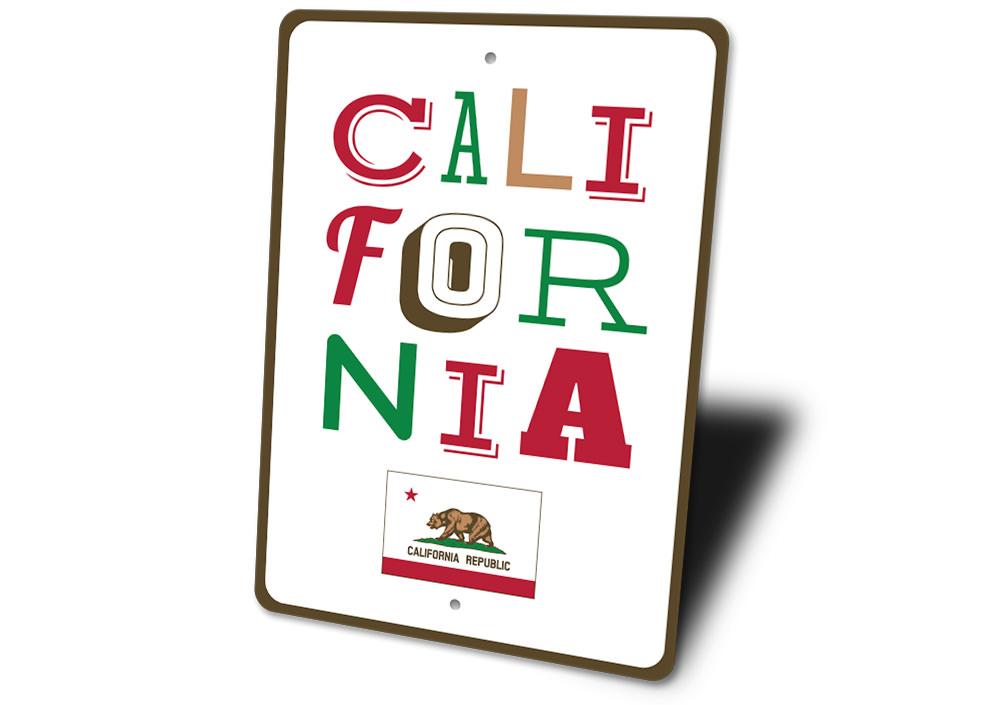 A customizable California sign made of high-quality aluminum, featuring vibrant colors and a sleek design, perfect for home decor.