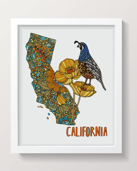 California State Map art print featuring the California quail and poppy, beautifully designed with pen and ink art and digital coloring.