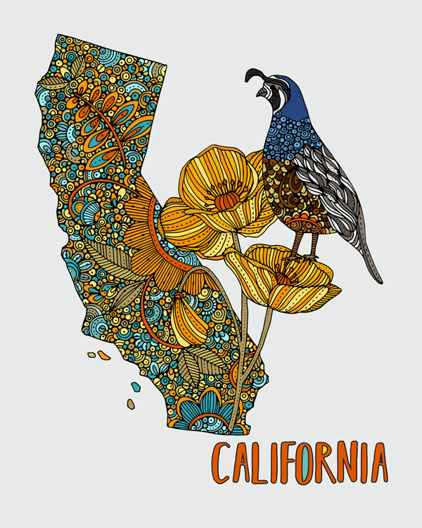 California State Map art print featuring the California quail and poppy, beautifully designed with pen and ink art and digital coloring.