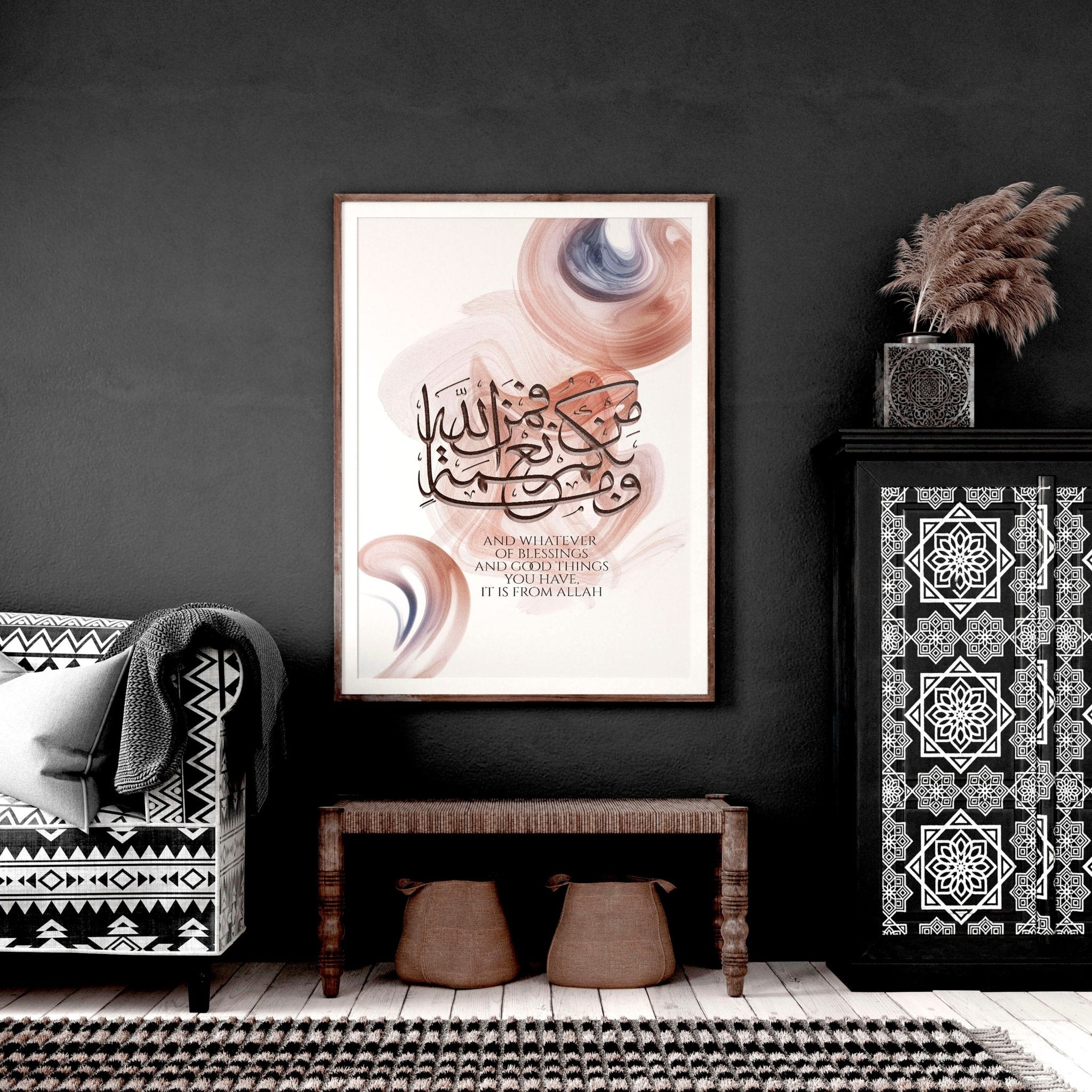 A beautifully crafted Calligraphy Arabic Art wall print showcasing intricate Arabic script in vibrant colors, perfect for home decor.