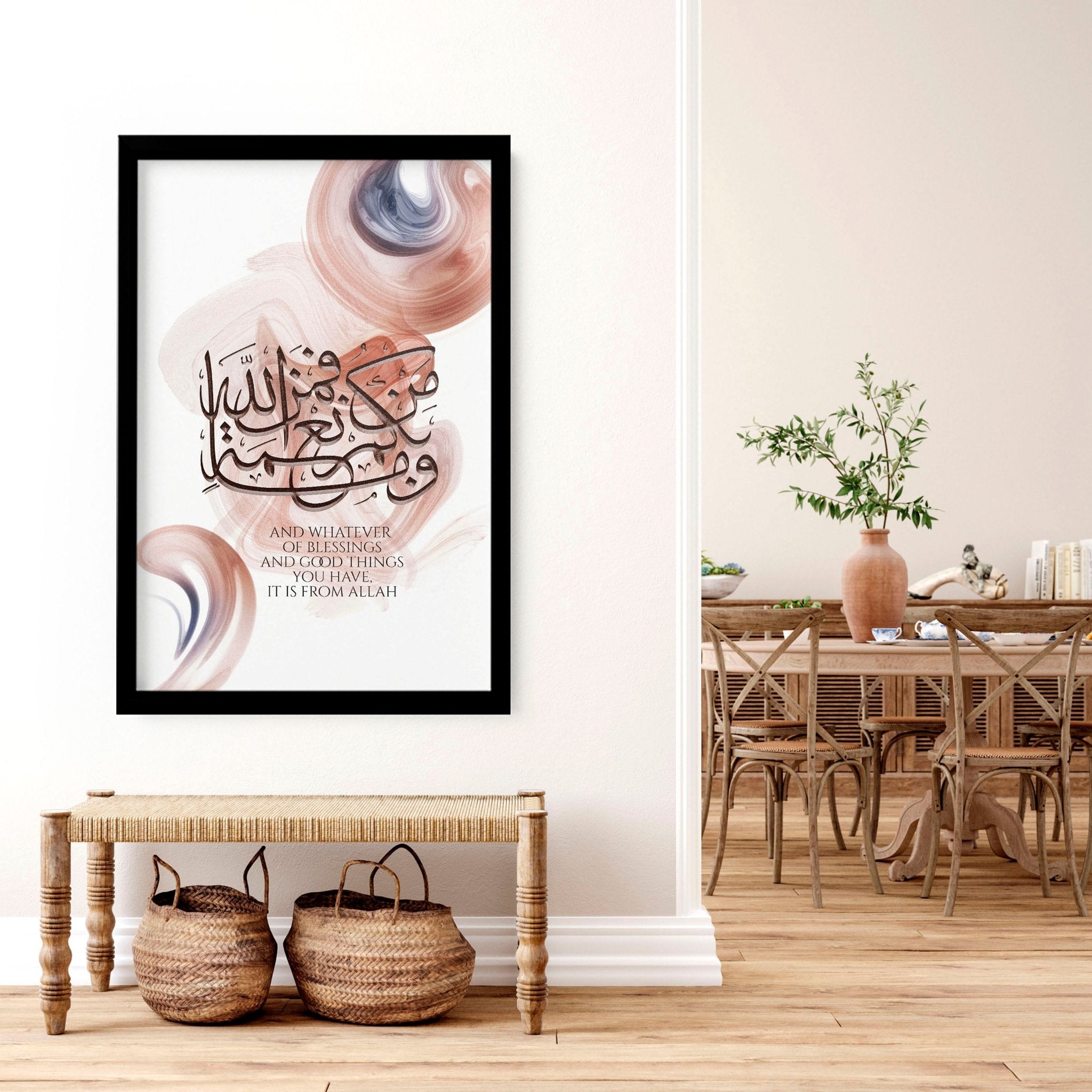 A beautifully crafted Calligraphy Arabic Art wall print showcasing intricate Arabic script in vibrant colors, perfect for home decor.