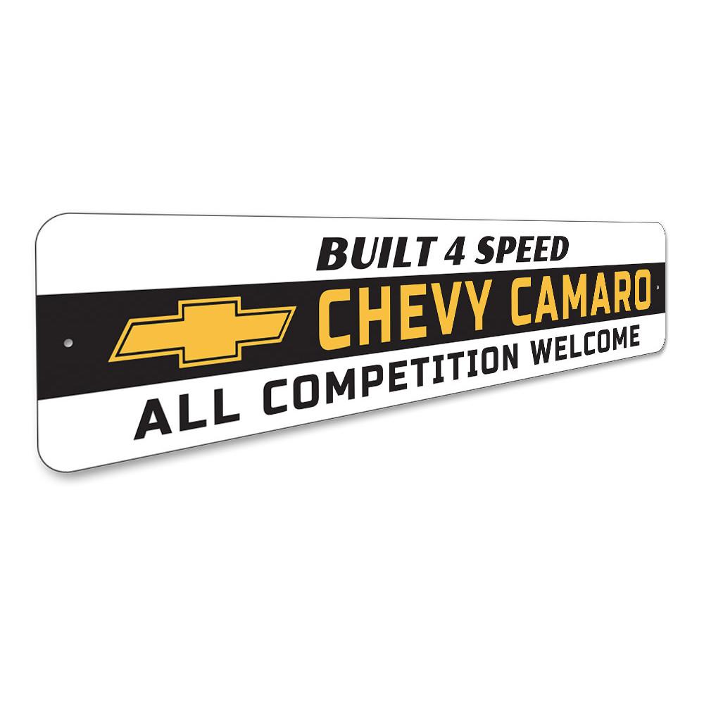 Camaro Built 4 Speed Sign made of high-quality aluminum, featuring vibrant colors and a classic design, perfect for garages or man caves.