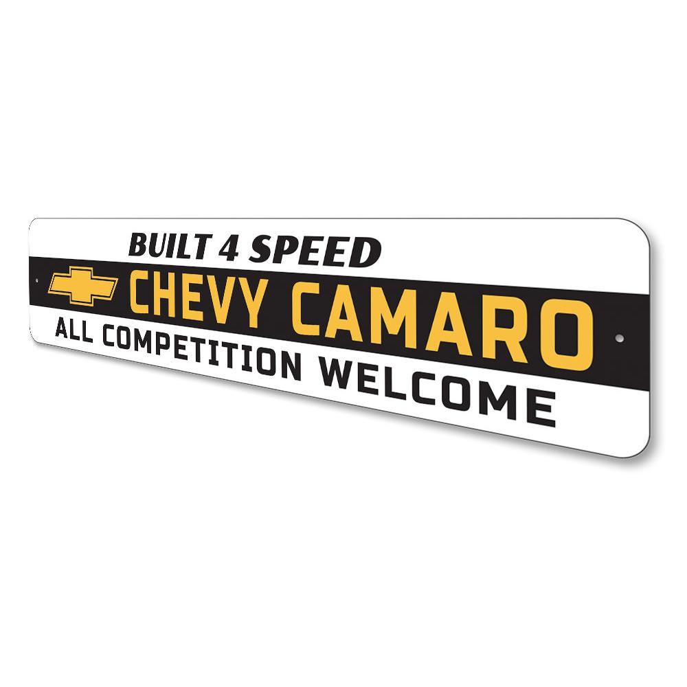 Camaro Built 4 Speed Sign made of high-quality aluminum, featuring vibrant colors and a classic design, perfect for garages or man caves.