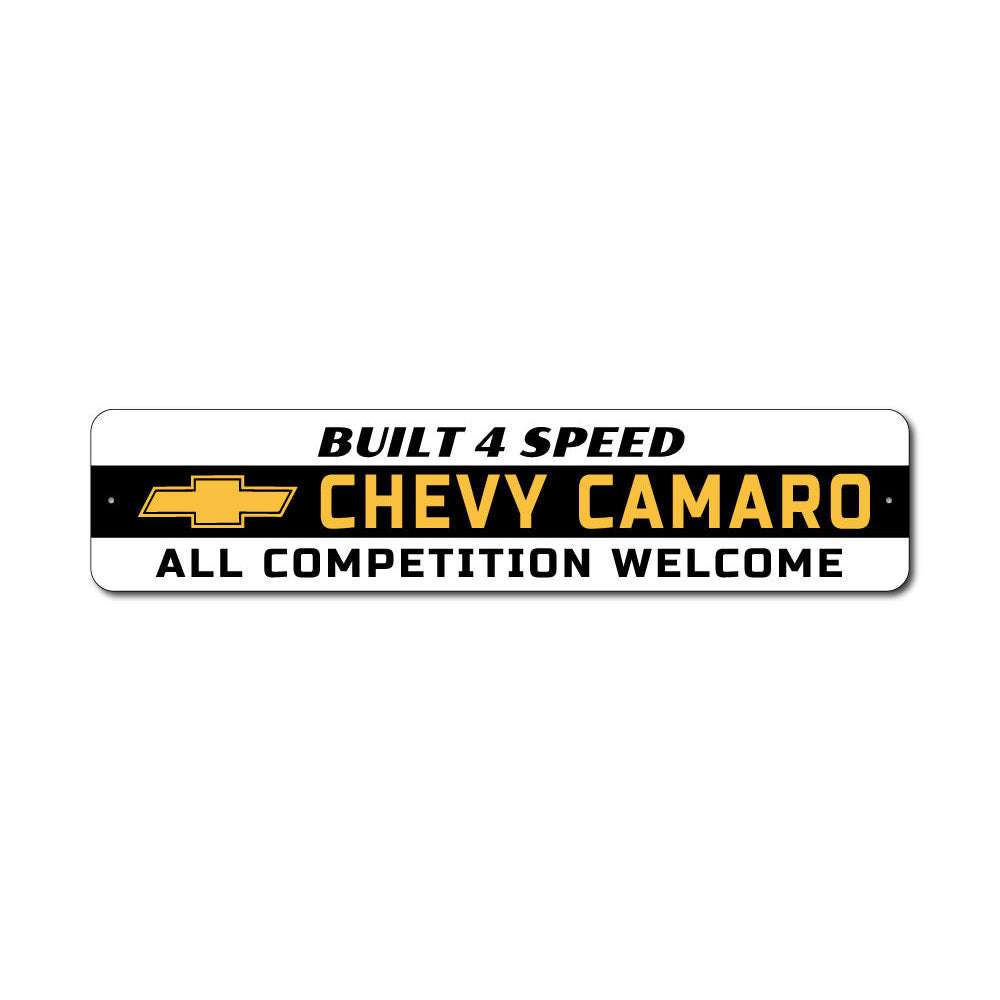 Camaro Built 4 Speed Sign made of high-quality aluminum, featuring vibrant colors and a classic design, perfect for garages or man caves.