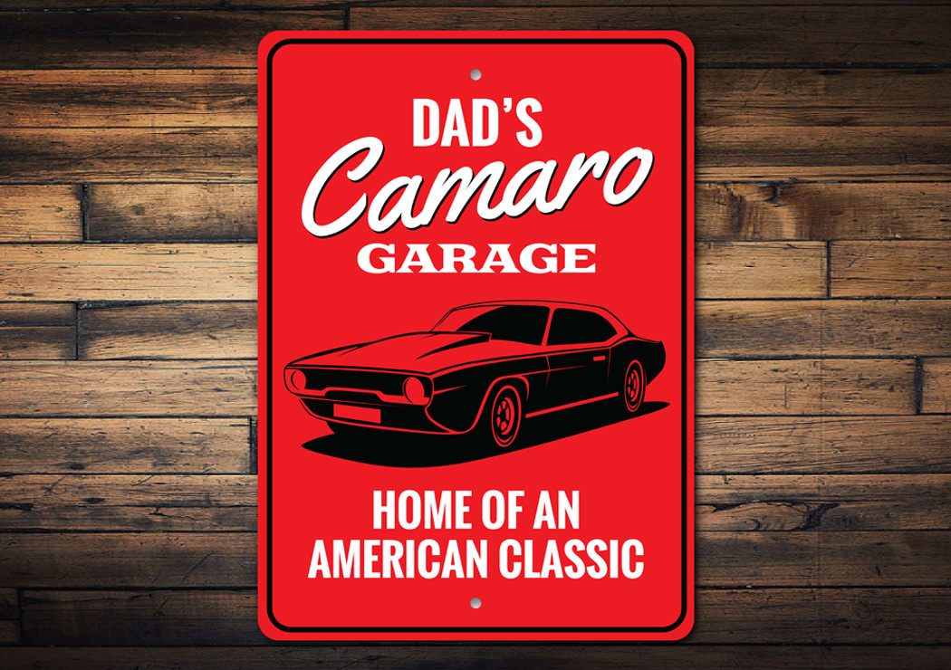 Customizable Camaro Garage Sign made from high-quality aluminum, featuring pre-drilled holes for easy mounting.