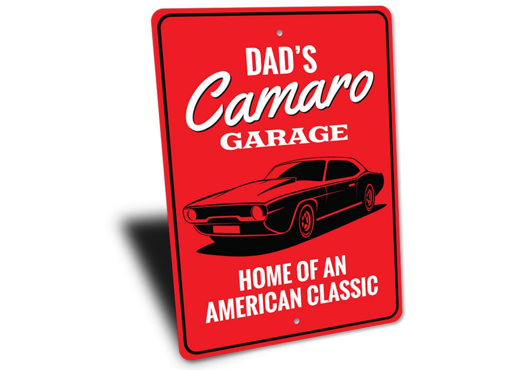 Customizable Camaro Garage Sign made from high-quality aluminum, featuring pre-drilled holes for easy mounting.