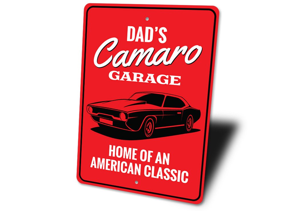 Customizable Camaro Garage Sign made from high-quality aluminum, featuring pre-drilled holes for easy mounting.