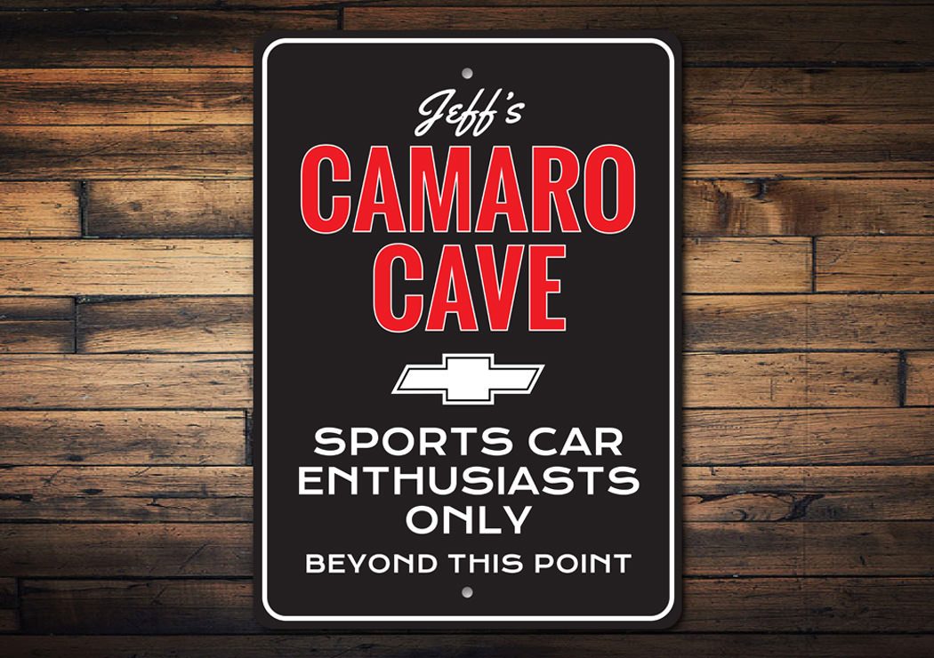 A stylish Camaro Man Cave Sign made of durable aluminum, featuring customizable text options for personalization.