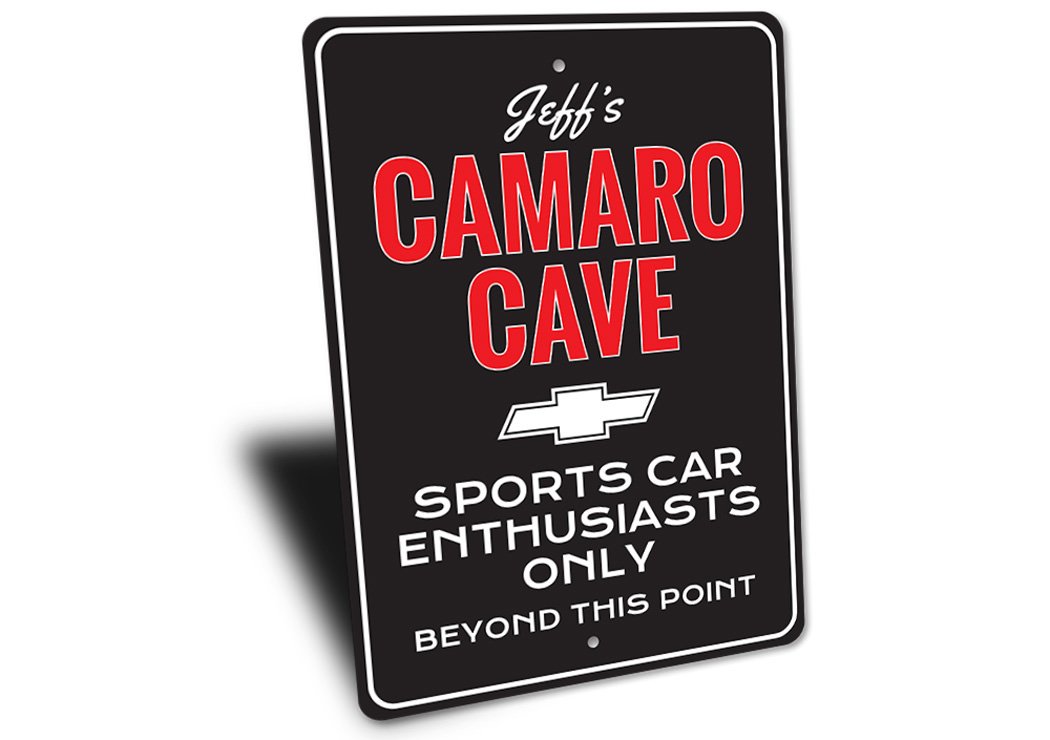 A stylish Camaro Man Cave Sign made of durable aluminum, featuring customizable text options for personalization.