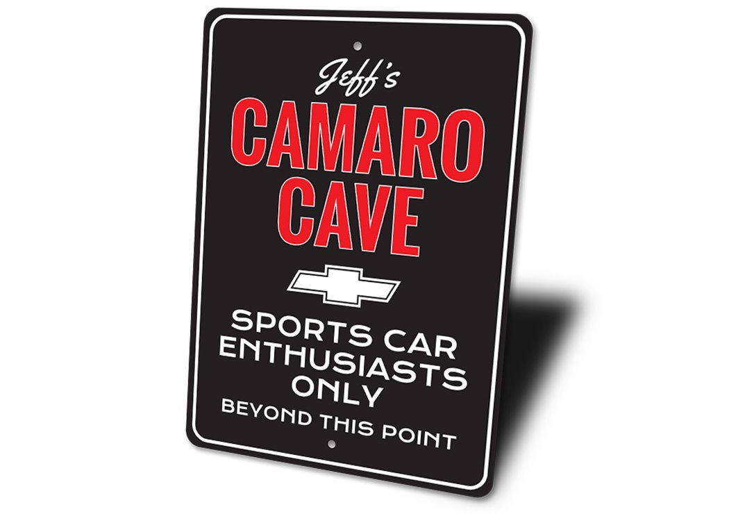 A stylish Camaro Man Cave Sign made of durable aluminum, featuring customizable text options for personalization.