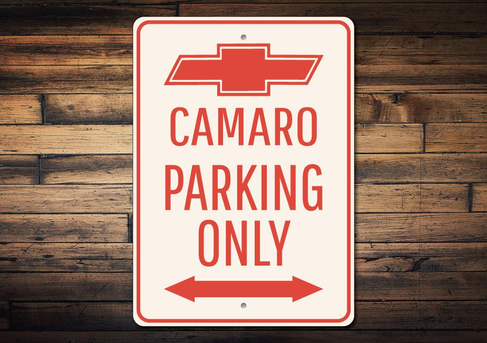 A vibrant Camaro Parking Only sign made of durable aluminum, featuring a classic design perfect for garages and man caves.